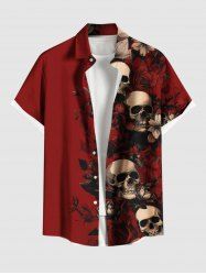 Plus Size Skull Flower Leaf Print Halloween Button Pocket Shirt For Men -  
