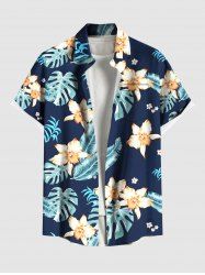Plus Size Tropical Leaf Hibiscus Flower Print Hawaii Button Pocket Shirt For Men -  