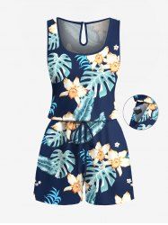 Plus Size Tropical Leaf Hibiscus Flower Print Hawaii Drawstring Pocket Romper -  
