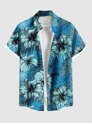 Plus Size Tropical Leaf Hibiscus Flower Print Hawaii Button Pocket Shirt For Men -  