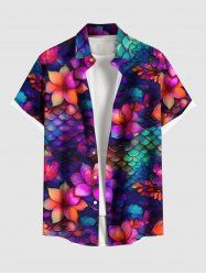 Plus Size Colorful Ombre Mermaid Scale Flower Print Hawaii Button Pocket Shirt For Men -  