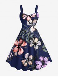 Robe débardeur trapèze hawaïenne grande taille à imprimé feuilles tropicales et fleurs d'hibiscus - Bleu profond XXS