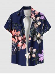 Chemise hawaïenne grande taille à imprimé feuilles tropicales et fleurs d'hibiscus pour homme - Bleu profond XL