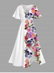 Robe mi-longue hawaïenne grande taille à imprimé tête de mort et fleurs colorées avec poches fendues - Blanc XXS