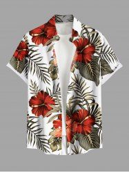 Plus Size Tropical Leaf Hibiscus Flower Print Hawaii Button Pocket Shirt For Men -  