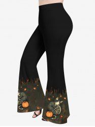 Pantalon évasé grande taille à imprimé squelette, chat, citrouille et feuilles pour Halloween - Noir 6X