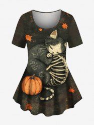 Plus Size Skeleton Cat Pumpkin Leaf Print Halloween Women T-shirt -  