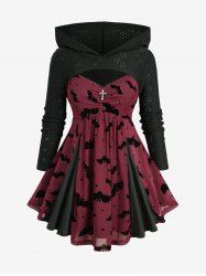 Haut d'Halloween 2 en 1 à manches longues et capuche, motif chauve-souris, lune, étoile, patchwork, pointelle croisée, évider, jacquard, grande taille - Rouge foncé 3X | US 22-24