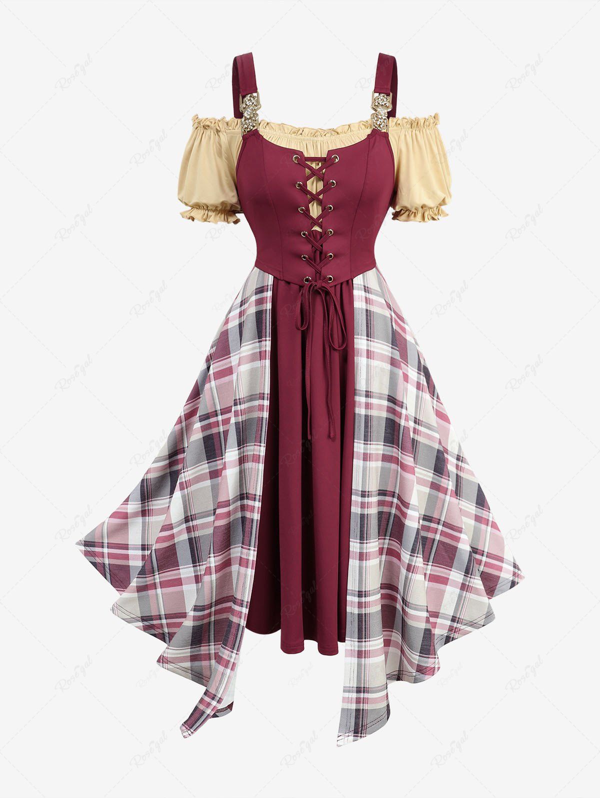 Robe de serveuse de taverne grande taille, style médiéval Renaissance, à carreaux, patchwork et lacets. Rouge foncé 5x | US 30-32