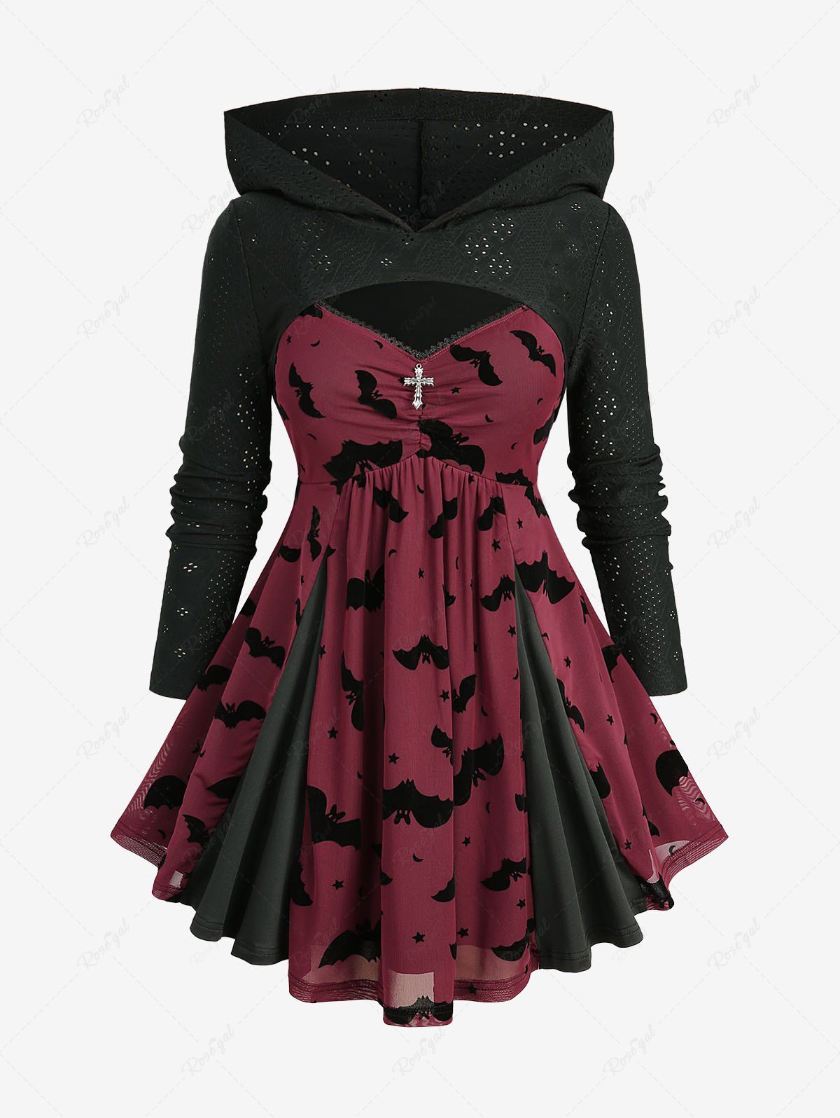 Haut d'Halloween 2 en 1 à manches longues et capuche, motif chauve-souris, lune, étoile, patchwork, pointelle croisée, évider, jacquard, grande taille Rouge foncé M | US 10
