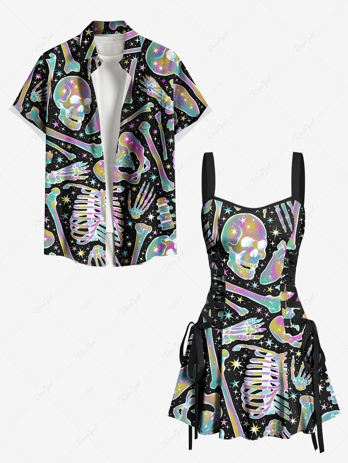 Sale Halloween Costume Colorful Ombre Skull Skeleton Bone Galaxy Print Matching Outfit For Couples  