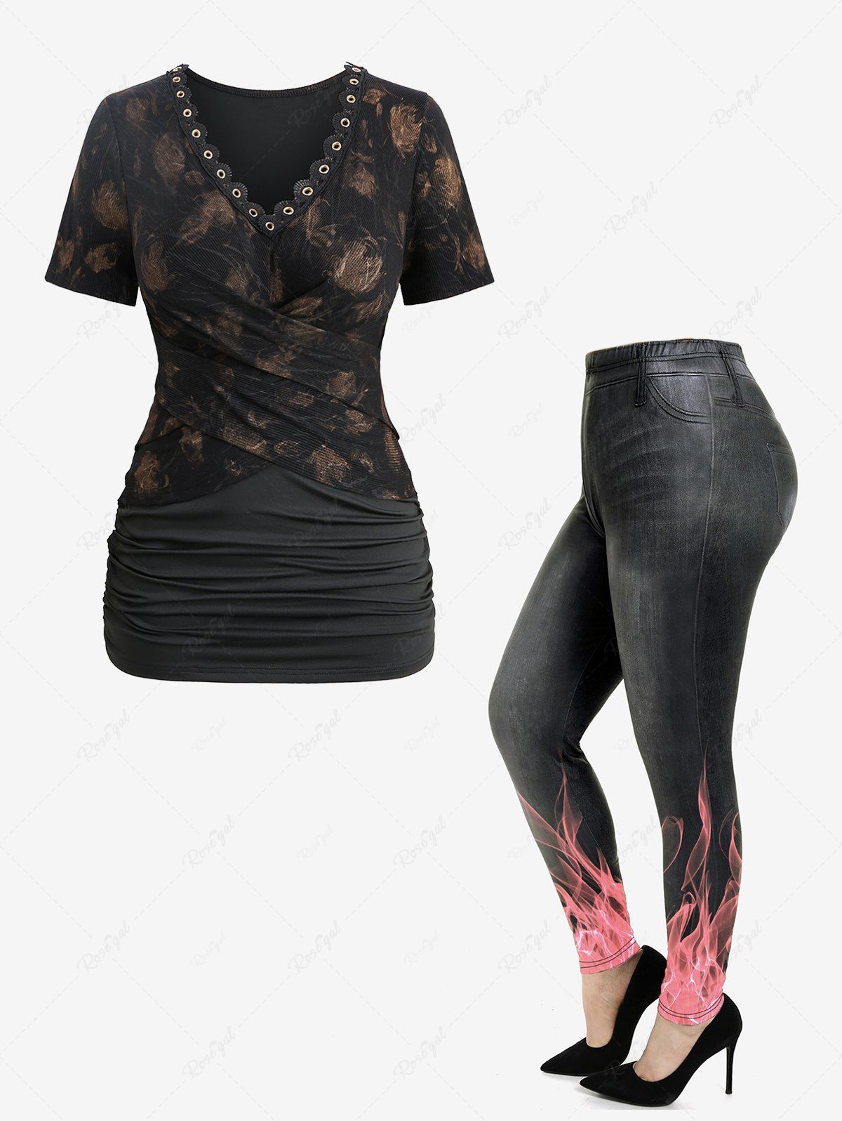 Buy Tie Dye Flower Print Crossover Ruched Top and 3D Jeans Flame Graphic Leggings Plus Size Outfit  