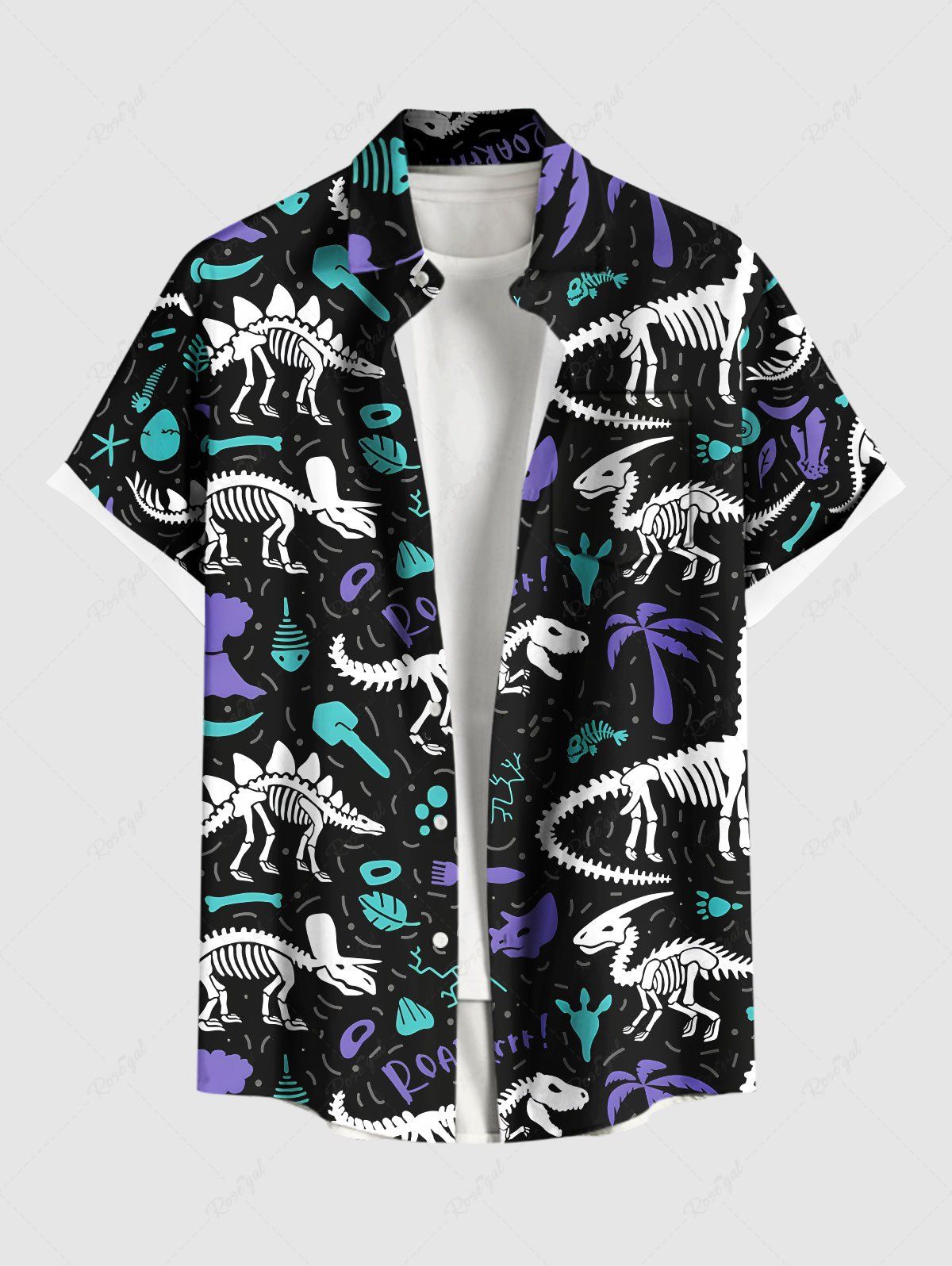Chemise hawaïenne grande taille pour homme, motif feuilles de cocotier, poisson, dinosaure, squelette, boutons, poche Noir S