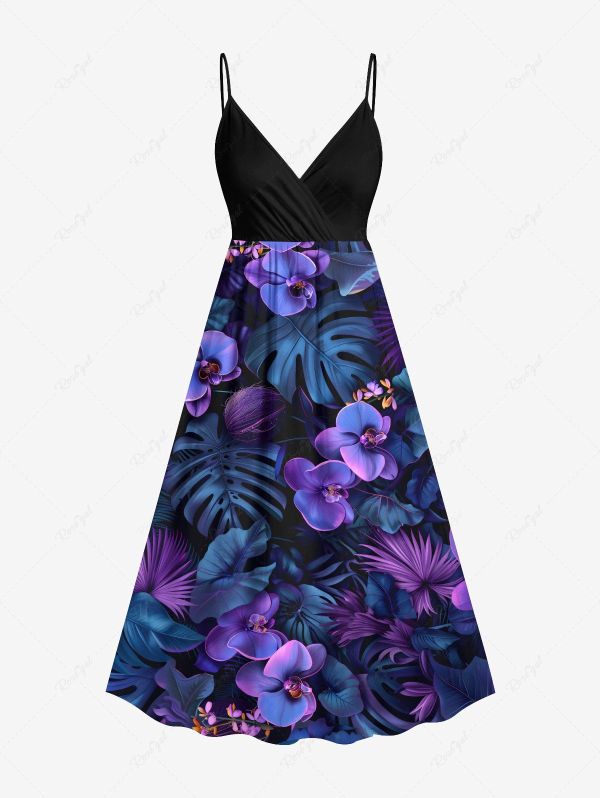 Robe camisole hawaïenne grande taille à imprimé feuilles tropicales et fleurs de phalaenopsis Noir 6X