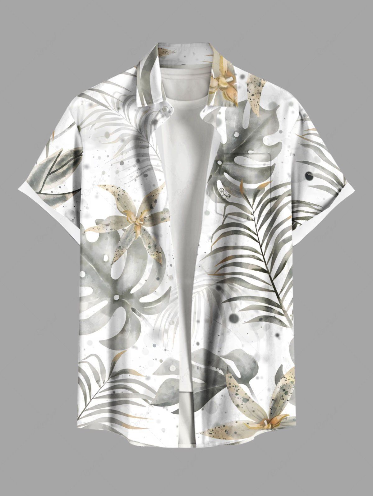 Chic Plus Size Tropical Leaf Flowers Print Buttons Pocket Hawaii Shirt For Men  