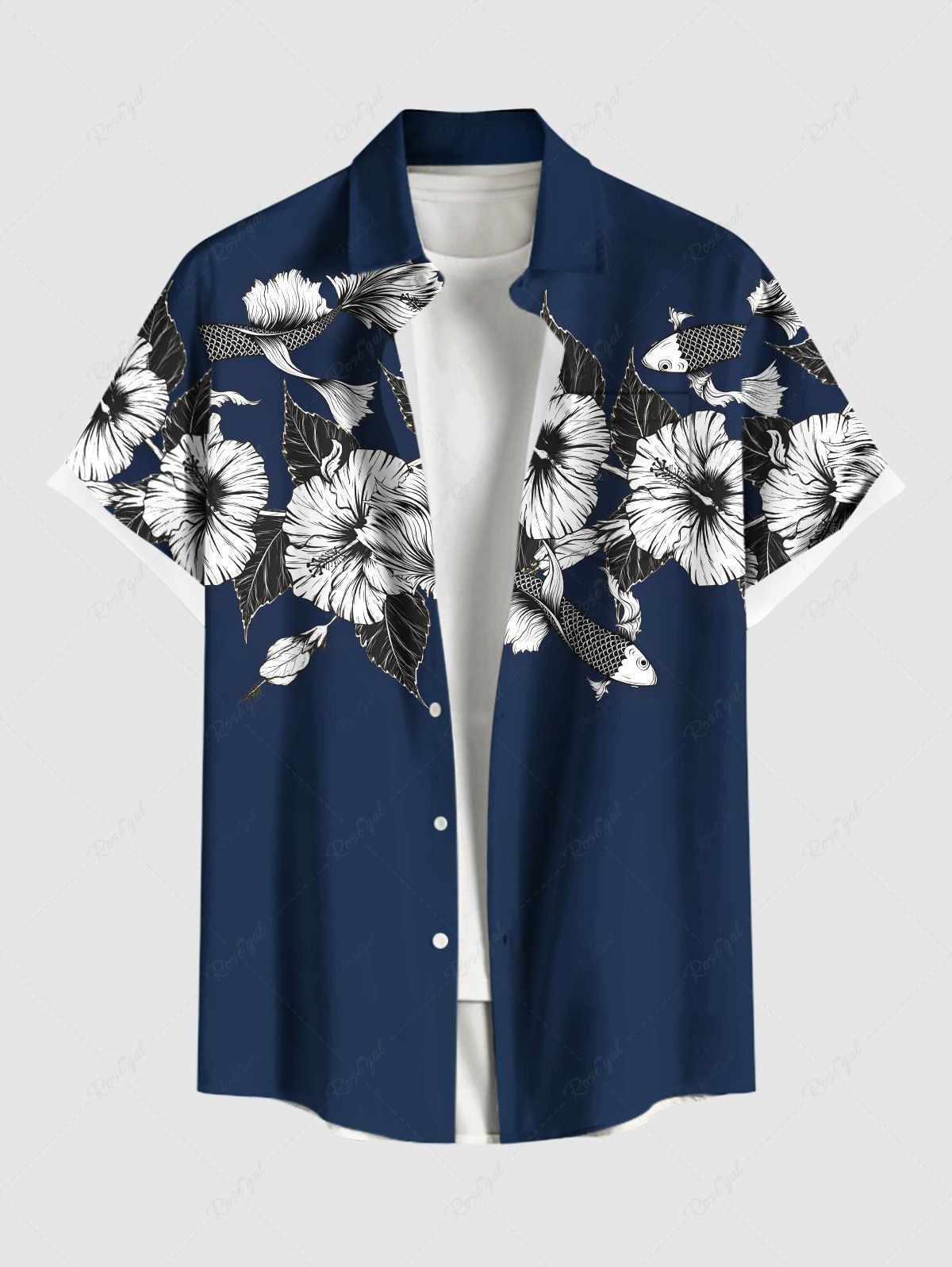 Chic Plus Size Hibiscus Flowers Leaf Fish Tropical Print Buttons Pocket Hawaii Shirt For Men  