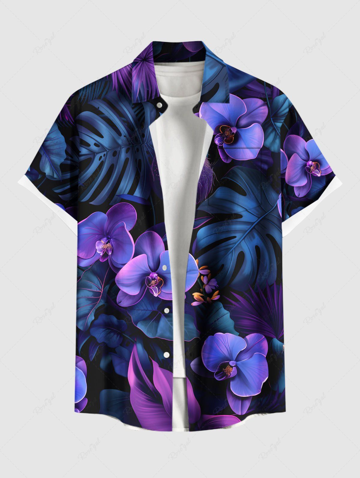 Chemise hawaïenne grande taille à imprimé feuilles tropicales et fleurs de phalaenopsis, avec poches et boutons, pour homme Noir L