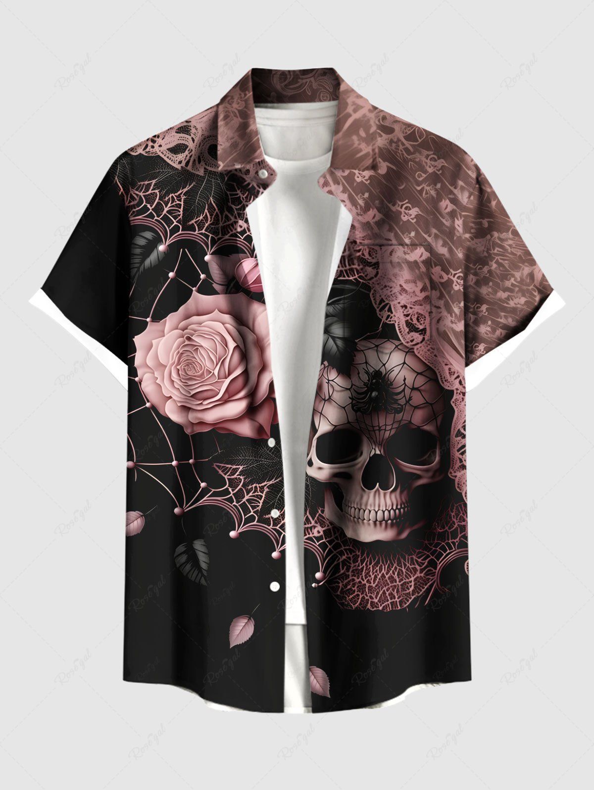 Chemise à boutons et poches pour homme, grande taille, motif tête de mort, roses, fleurs, toile d'araignée Noir L