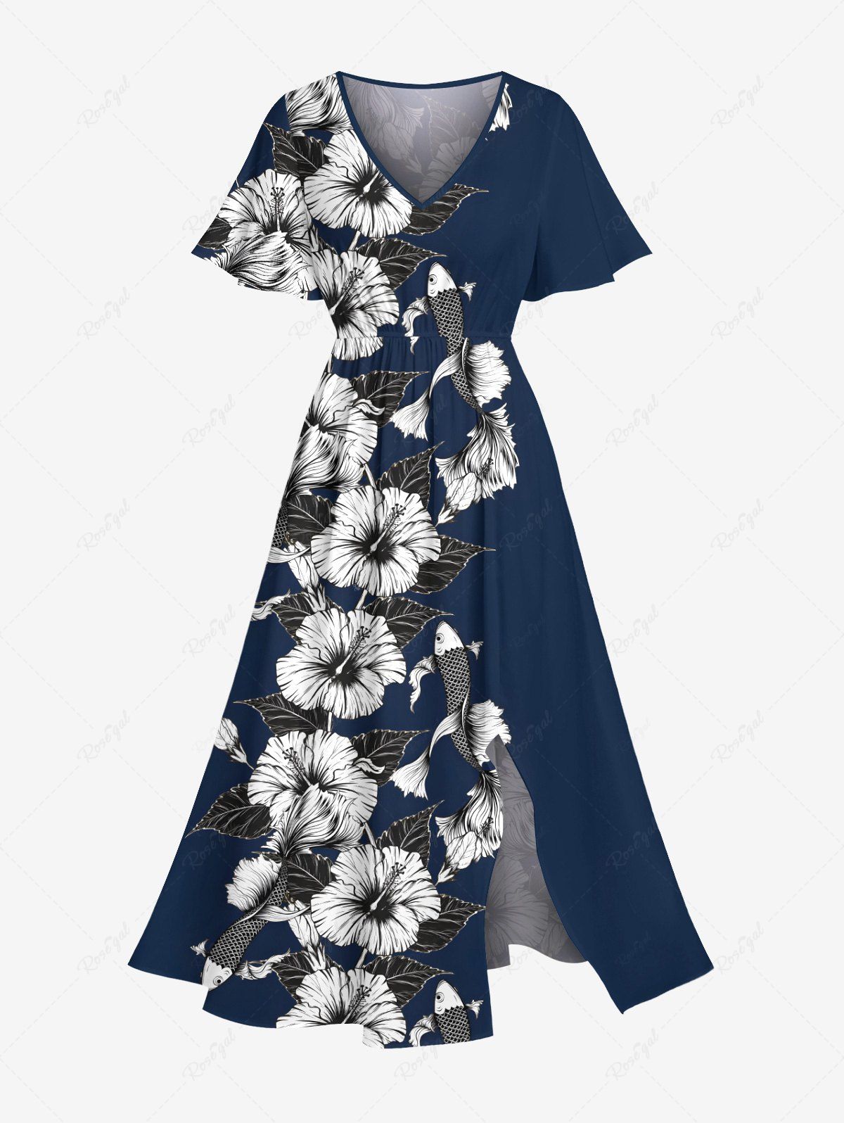 Robe mi-longue hawaïenne fendue à imprimé tropical, grande taille, fleurs d'hibiscus, feuilles, poissons Bleu profond XXS