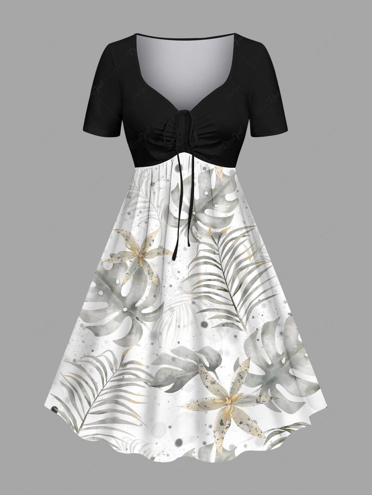 Robe hawaïenne cintrée grande taille à imprimé feuilles tropicales et fleurs Blanc XXS