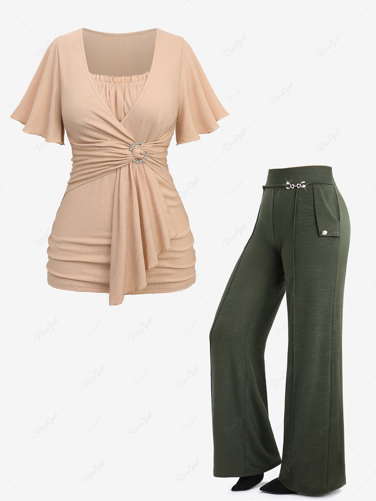 New Daisy Buckle Surplice Ruched Top and Wide Leg Pants Plus Size Outfit  