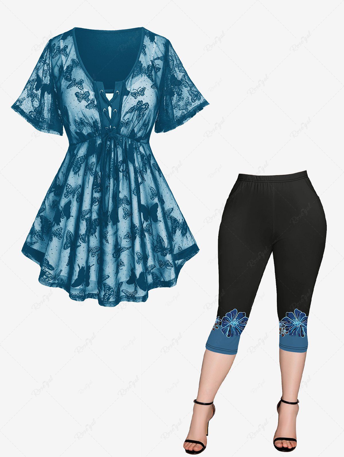 Outfits Butterfly Lace Overlay Lace-up Twofer Tee and Flower Print Capri Leggings Plus Size Outfit  