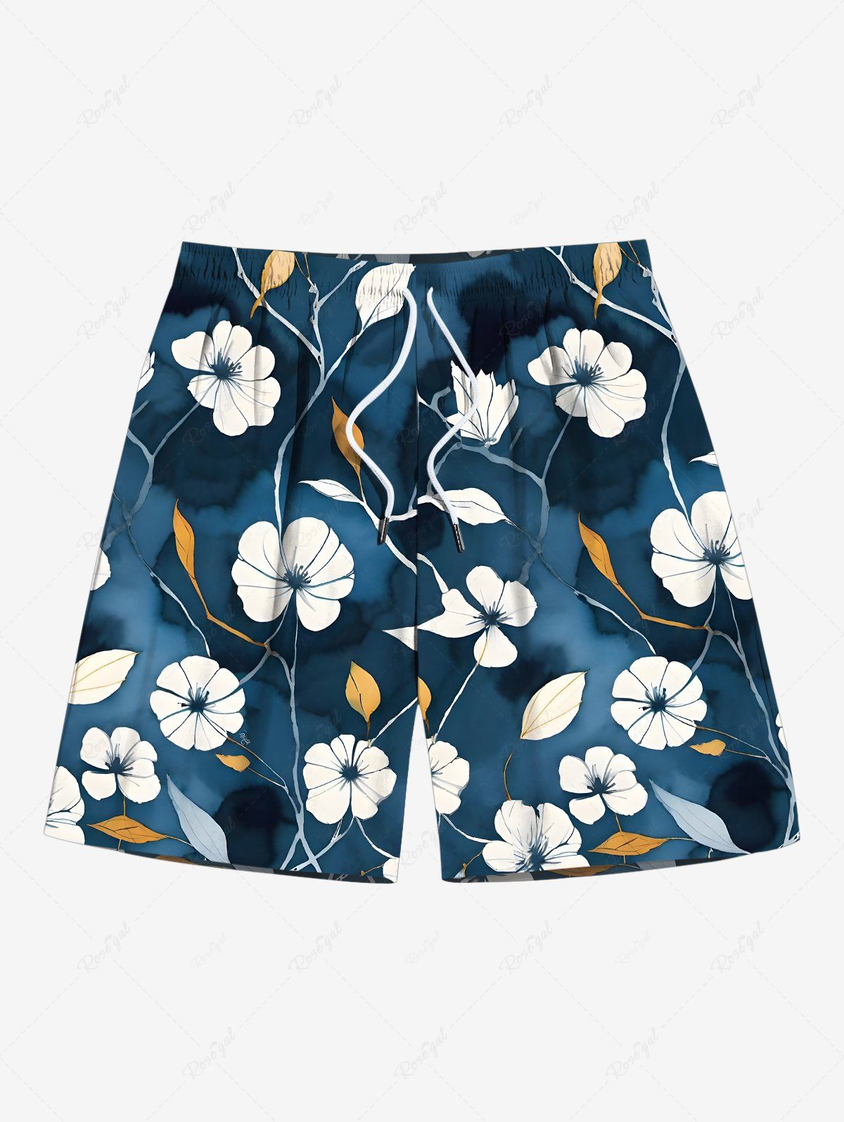 Fashion Plus Size Flower Leaf Branch Ombre Print Hawaii Drawstring Pocket Beach Shorts For Men  