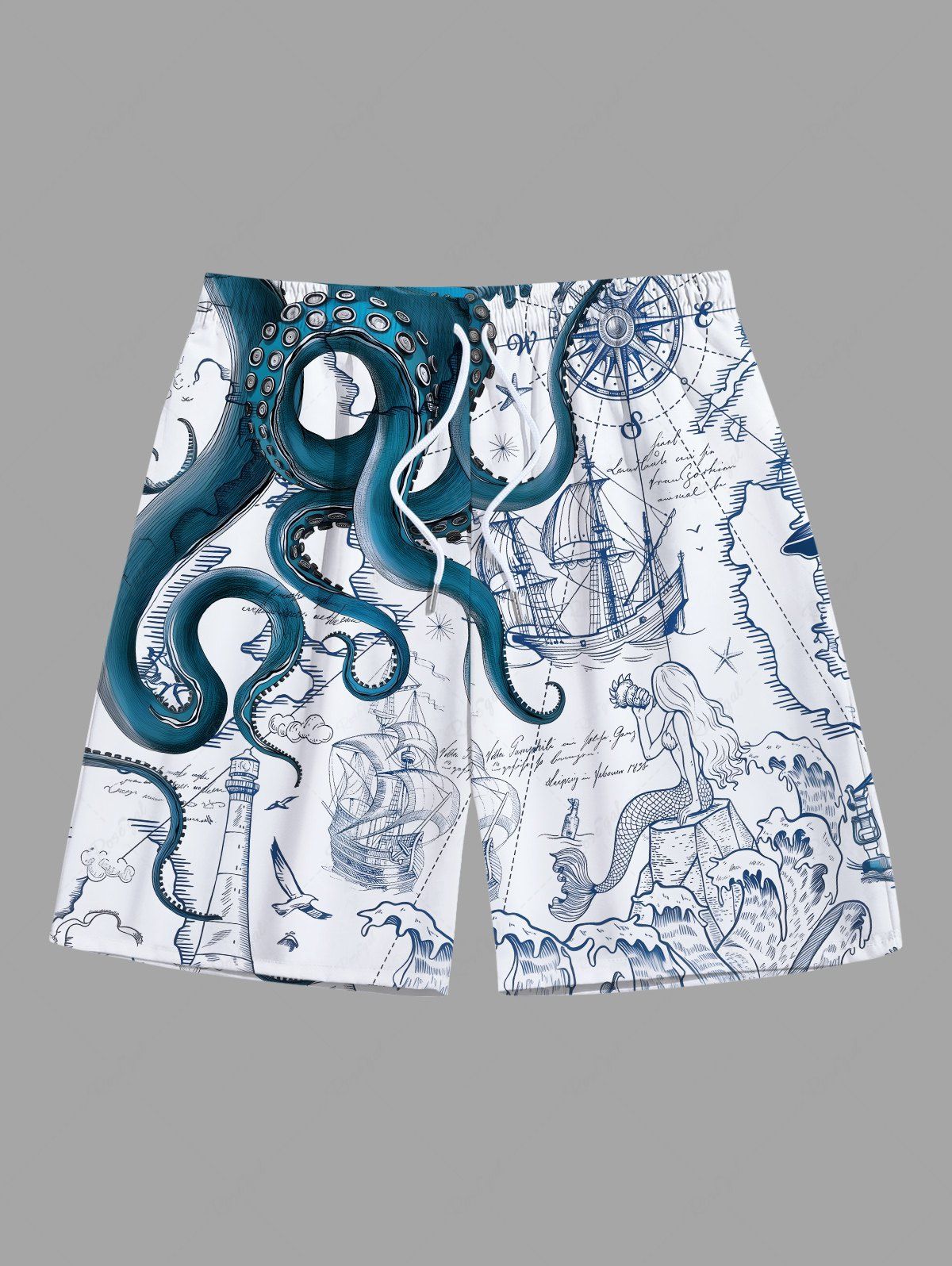 Discount Plus Size Octopus Mermaid Ship Rudder Sea Waves Cruise Print Hawaii Beach Shorts For Men  