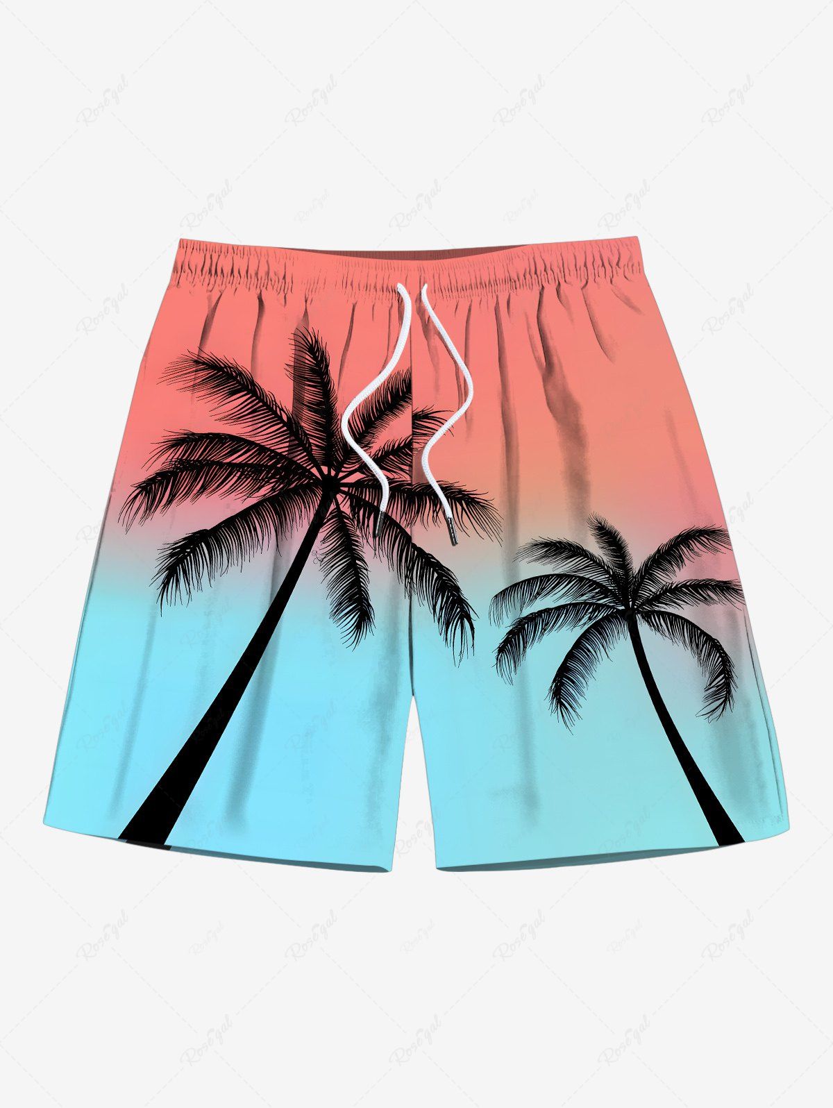 Best Plus Size Coconut Tree Ombre Colorblock Print Hawaii Beach Shorts For Men  