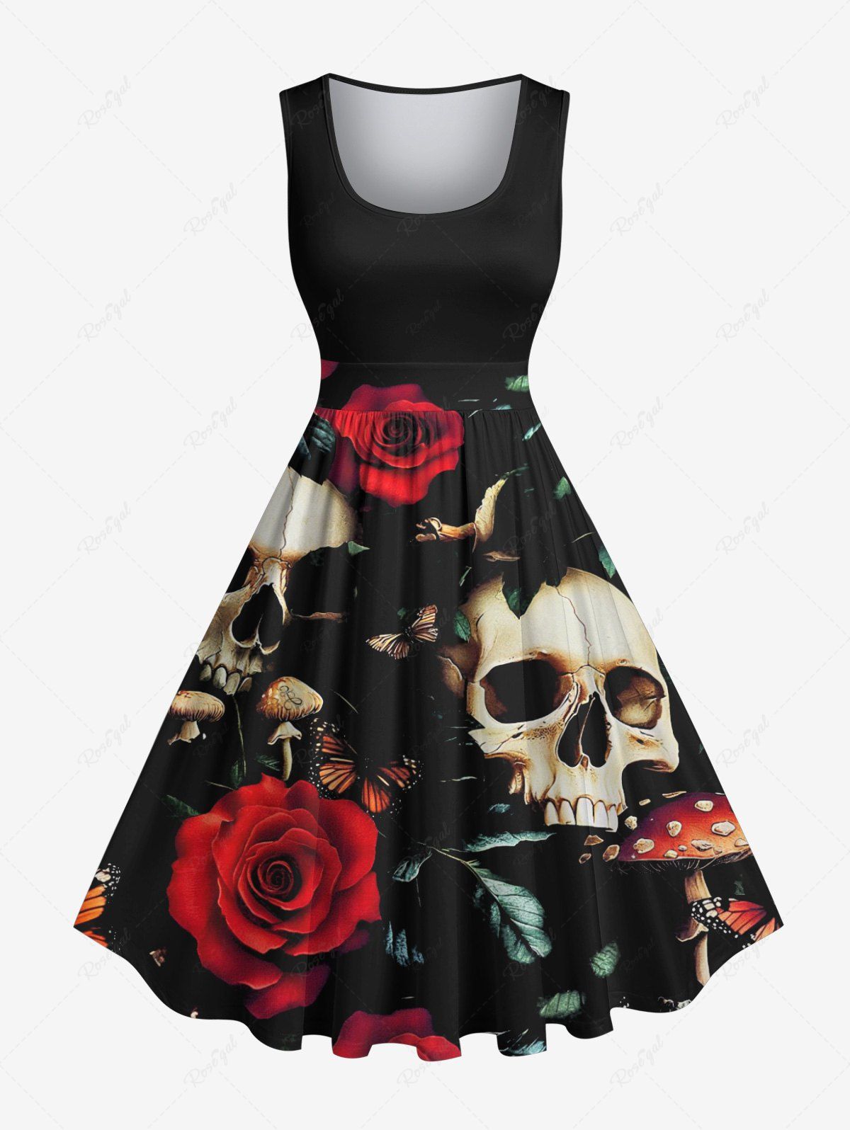 Fashion Plus Size Skull Rose Flower Leaf Butterfly Mushroom Print Halloween Costume 1950s Vintage Swing A Line Dress  