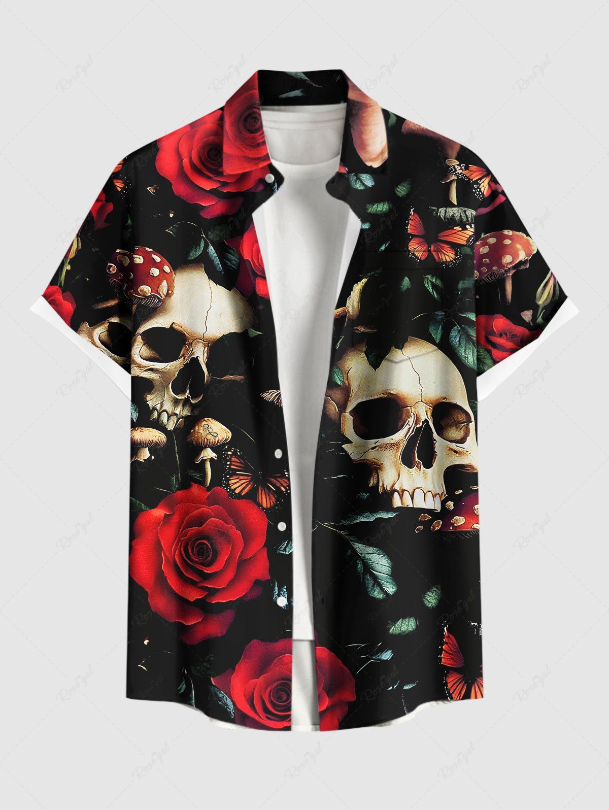 Chemise grande taille à imprimé tête de mort, rose, fleur, feuille, papillon, champignon, Halloween, boutonnée, poche, pour homme Noir L