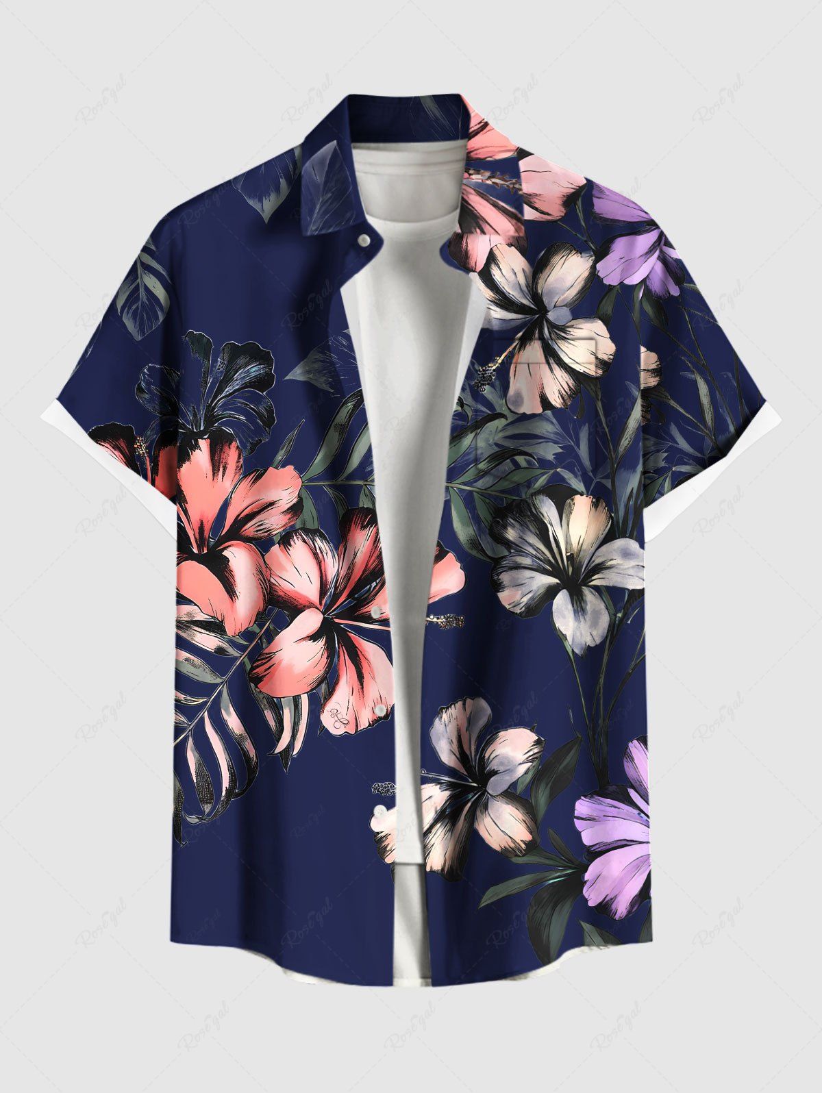 Chemise hawaïenne grande taille à imprimé feuilles tropicales et fleurs d'hibiscus pour homme Bleu profond XL