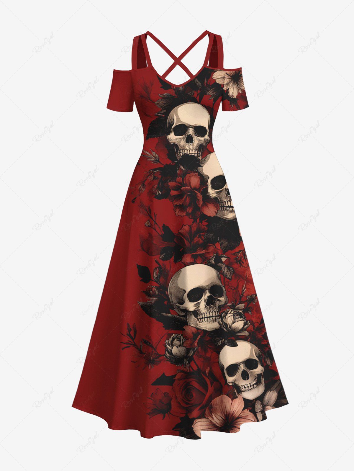Store Plus Size Skull Flower Leaf Print Halloween Costume Cold Shoulder Crisscross A Line Maxi Dress  