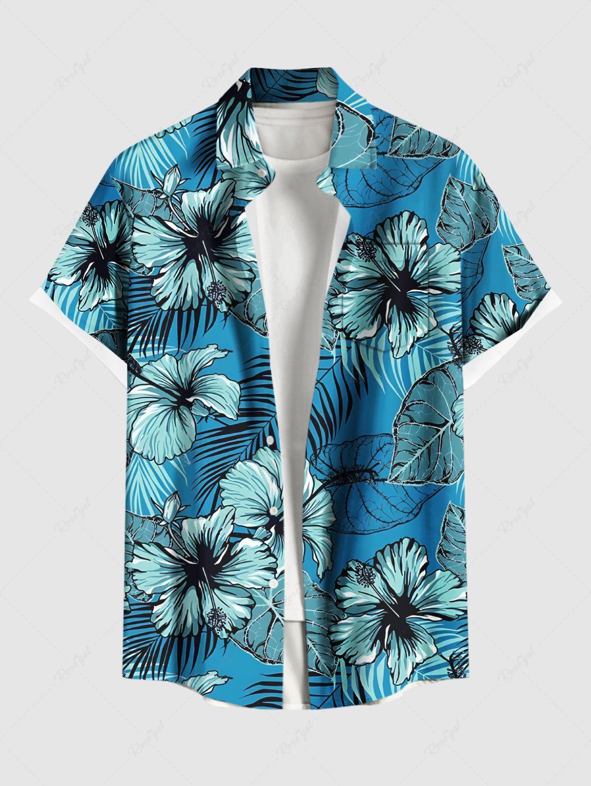 Chemise hawaïenne grande taille à imprimé feuilles tropicales et fleurs d'hibiscus pour homme Bleu 5XL
