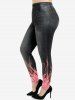 Tie Dye Flower Print Crossover Ruched Top and 3D Jeans Flame Graphic Leggings Plus Size Outfit -  