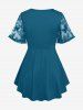 Butterfly Lace Overlay Lace-up Twofer Tee and Flower Print Capri Leggings Plus Size Outfit -  
