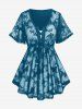 Butterfly Lace Overlay Lace-up Twofer Tee and Flower Print Capri Leggings Plus Size Outfit -  