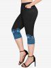 Butterfly Lace Overlay Lace-up Twofer Tee and Flower Print Capri Leggings Plus Size Outfit -  