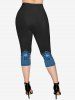 Butterfly Lace Overlay Lace-up Twofer Tee and Flower Print Capri Leggings Plus Size Outfit -  