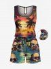 Halloween Costume Matching Hawaii Shirt and Romper Plus Size Beach Outfit Coconut Tree Skulls Sun Seascape Printed for Couples -  