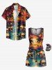 Halloween Costume Matching Hawaii Shirt and Romper Plus Size Beach Outfit Coconut Tree Skulls Sun Seascape Printed for Couples -  