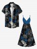 Tenue de plage hawaïenne assortie grande taille à imprimé feuilles tropicales et fleurs pour couples - Noir 