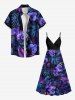 Tenue de plage hawaïenne assortie grande taille à imprimé feuilles tropicales et fleurs de phalaenopsis pour couples - Noir 