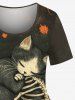 Plus Size Skeleton Cat Pumpkin Leaf Print Halloween Women T-shirt -  