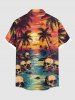 Plus Size Halloween Costume Coconut Tree Skulls Sun Seascape Print Buttons Pocket Hawaii Shirt For Men -  