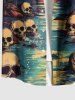 Plus Size Halloween Costume Coconut Tree Skulls Sun Seascape Print Buttons Pocket Hawaii Shirt For Men -  