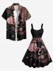 Plus Size Halloween Costume Skulls Rose Flowers Spider Web Print Tank Dress -  