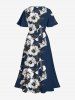 Robe mi-longue hawaïenne fendue à imprimé tropical, grande taille, fleurs d'hibiscus, feuilles, poissons - Bleu profond 5X