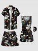 Plus Size Tropical Leaf Hibiscus Flower Print Hawaii Drawstring Beach Shorts For Men -  