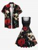 Robe trapèze vintage des années 1950, grande taille, motif tête de mort, rose, fleur, feuille, papillon, champignon, imprimé Halloween - Noir 1X